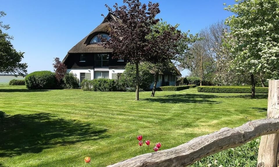 Exterior view of a country house with garden