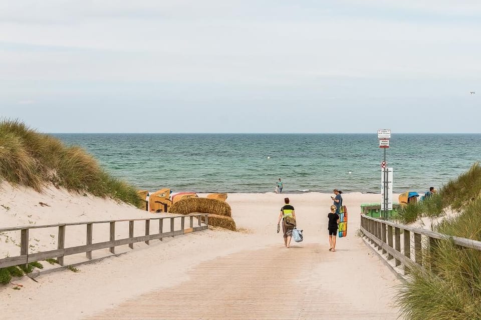 Beach view with wooden path and people