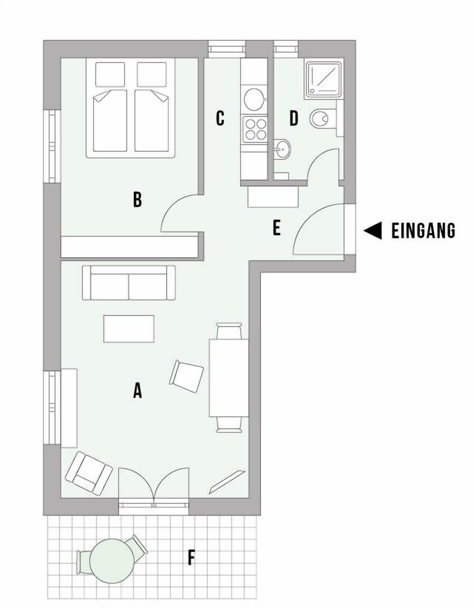 Floor plan of a holiday house featuring a living area, bedroom, kitchen, and bathroom.