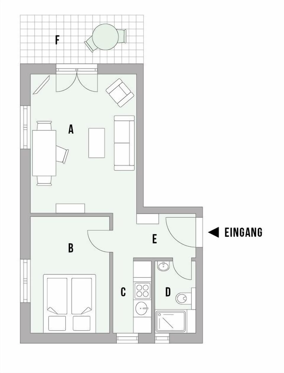 Floor plan of the holiday house with living area and bedroom