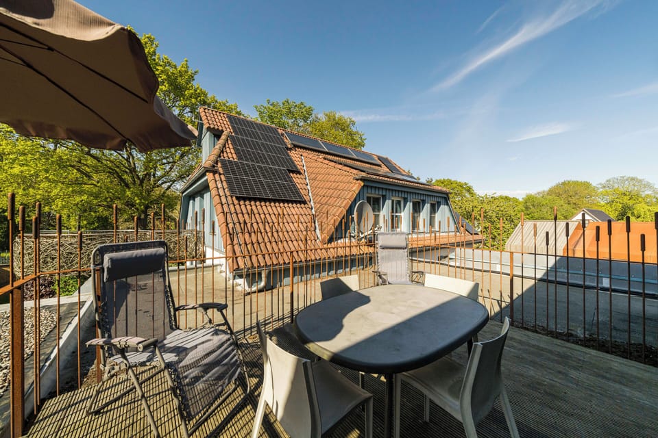 Terrace with Table and Sun Umbrella