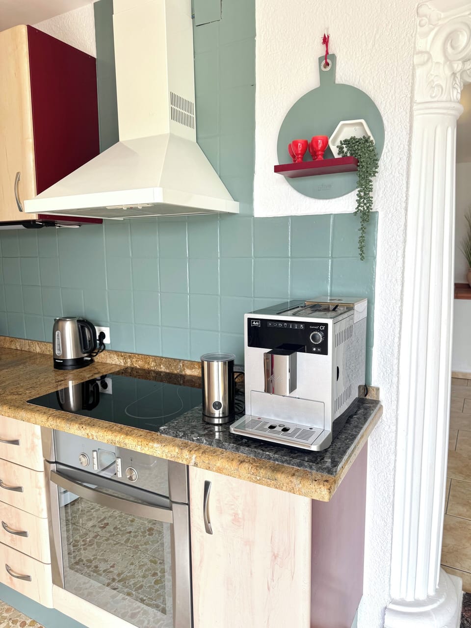 coffee machine, milk foamer, kettle, oven, stove and dishwasher