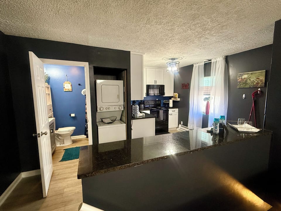 Convenient washer and dryer with detergent and bounce sheets provided.