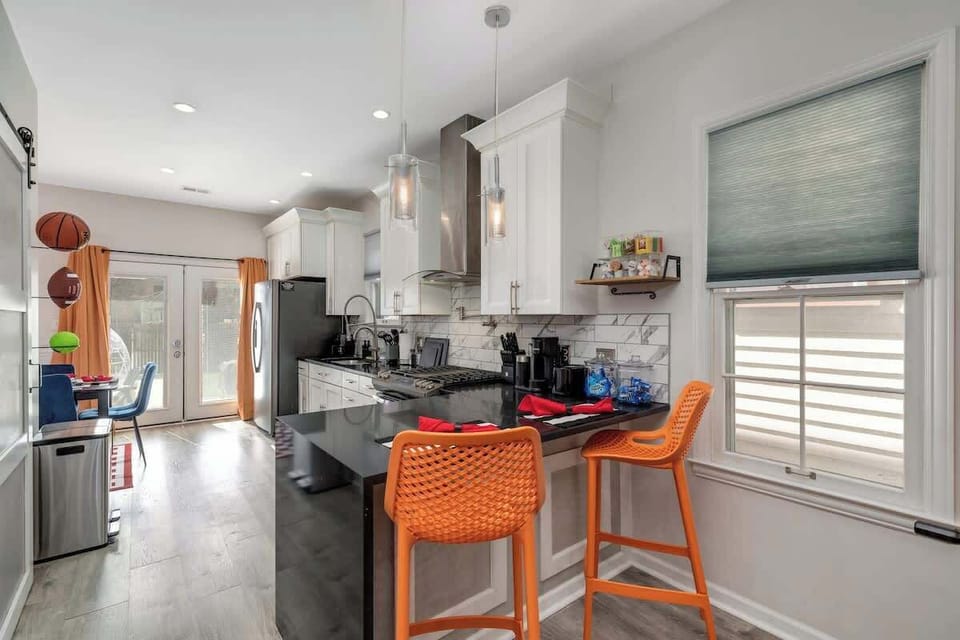 Our kitchen counter includes stylish bar seating for two, perfect for casual meals or morning coffee chats.