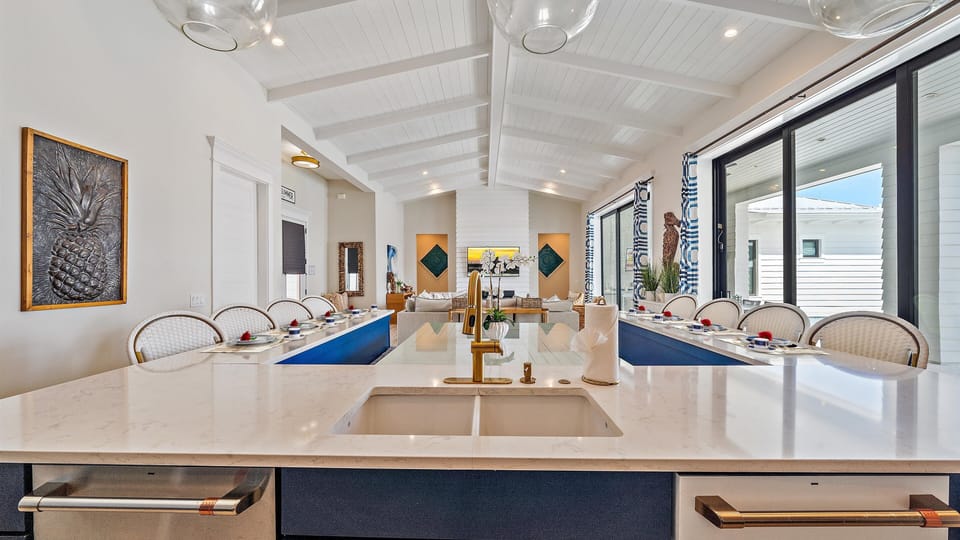 Large kitchen island overlooking the dining area.