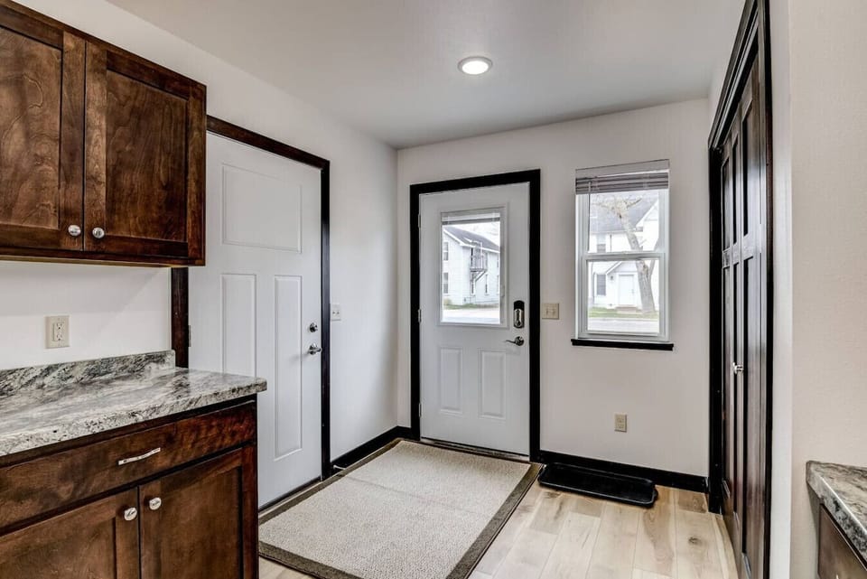Entryway from outside and the garage.