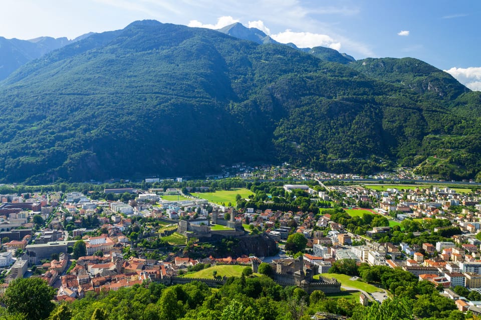 Aerial view of Bellinzona and the surrounding Alps