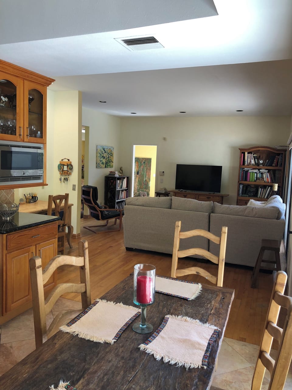 Unique breakfast table overlooking family room