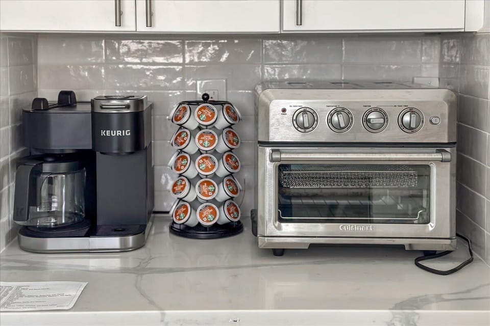 Well-equipped kitchen setup with everything you need to make coffee or prepare a tasty home-cooked meal.