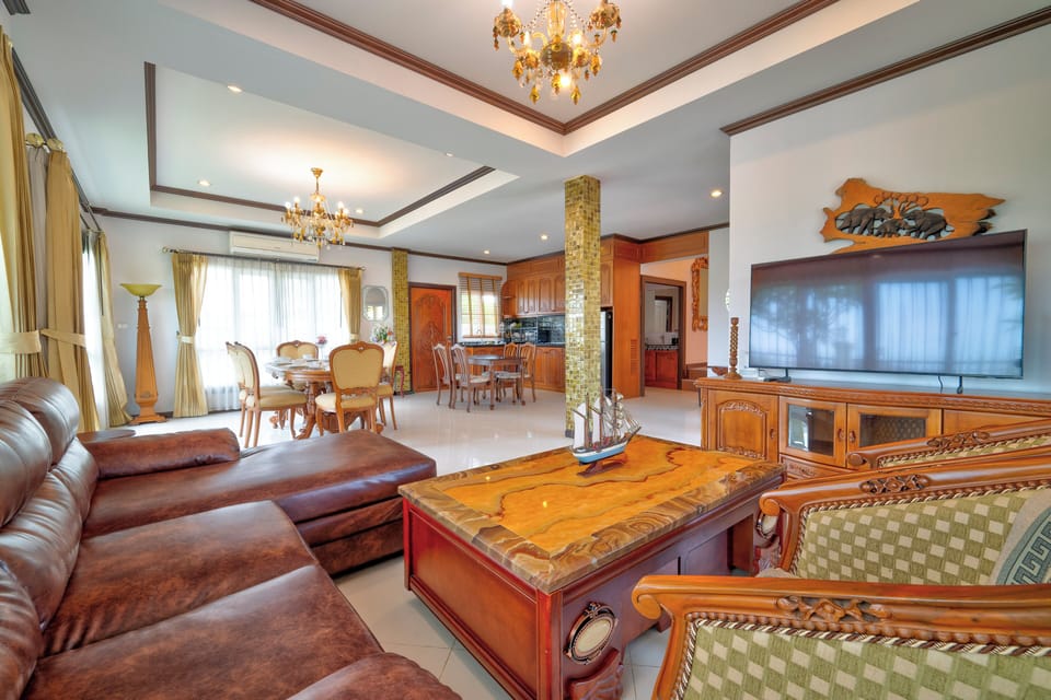 Modern Living Room Attached with Dining Room, Garden/Pool/Courtyard View.