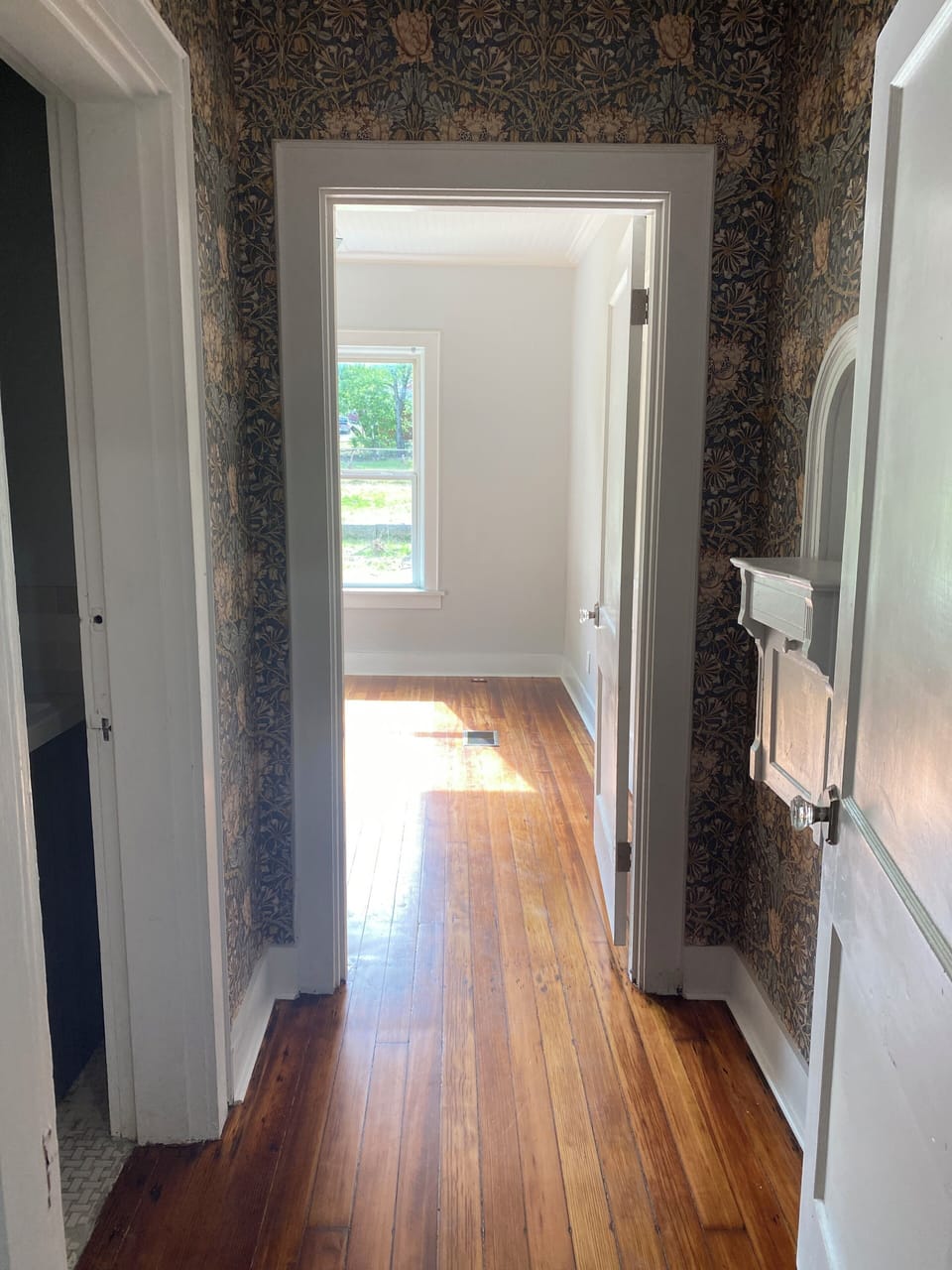 Hallway leading into downstairs king size room with attached bathroom.