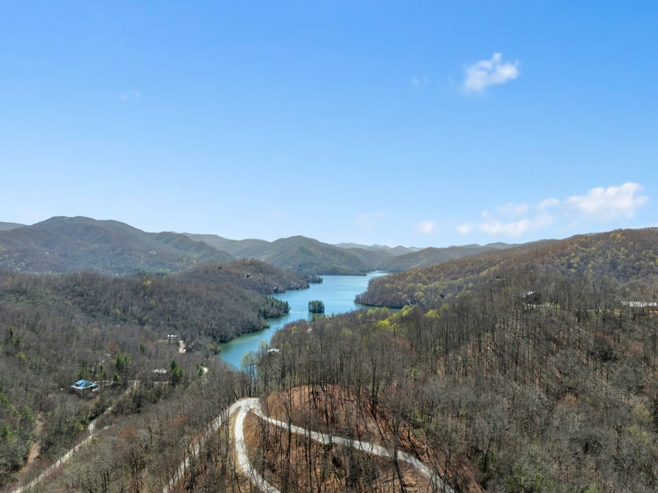 Aerial view of the top of the lodge property overlooking the lake