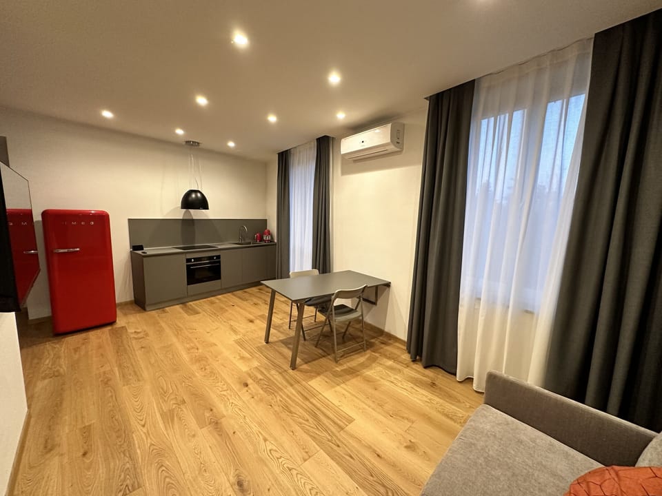 Living room with kitchenette, closet with drop-down bed, balcony on Piol street, two-seater sofa and SKY TV