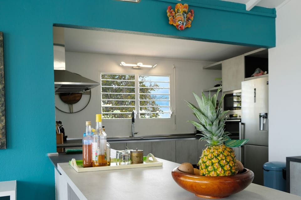 The modern kitchen of the villa Les Poiriers is fully equipped and open to the living room and the terrace.