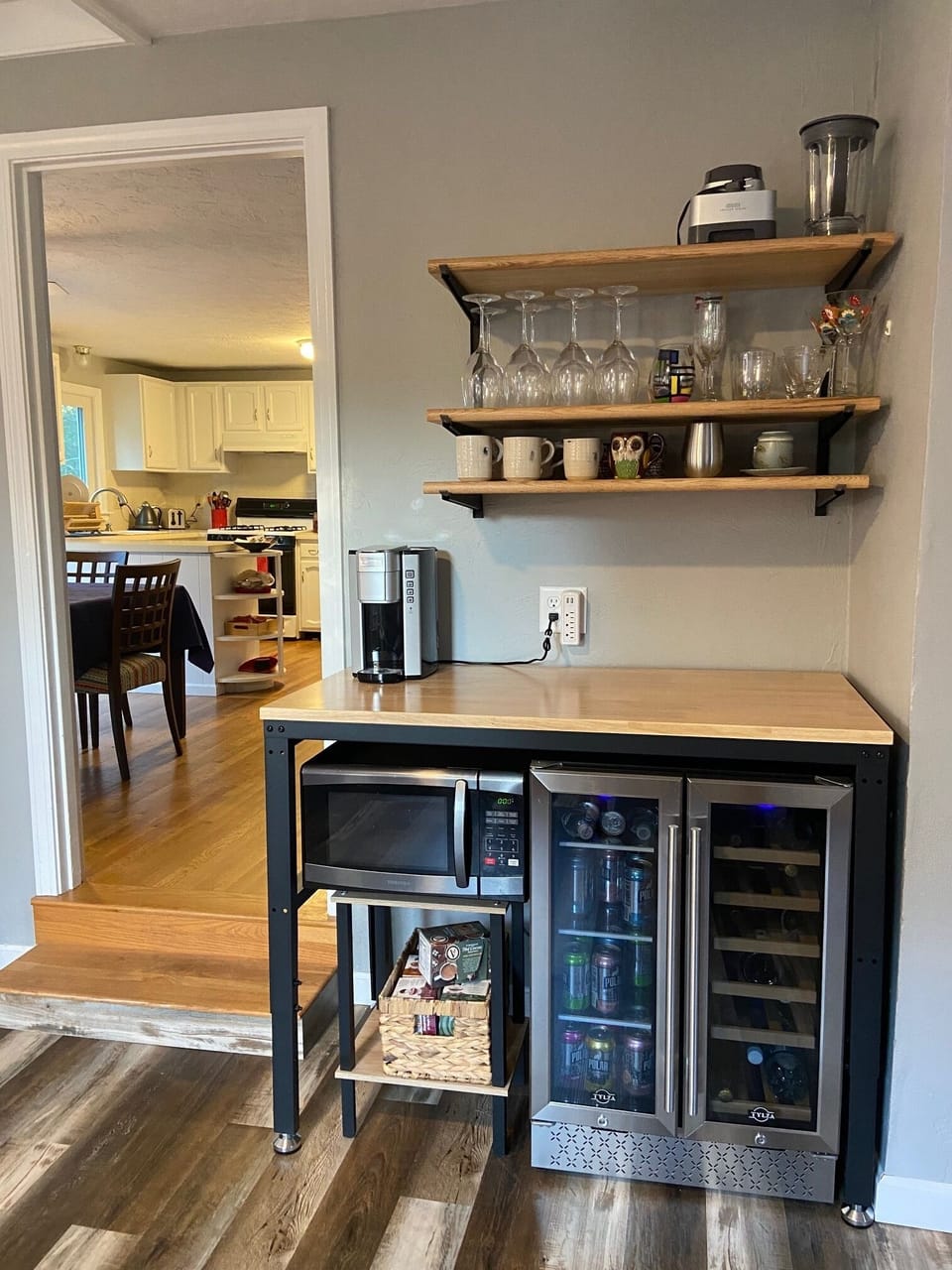 Coffee and beverage station view to kitchen