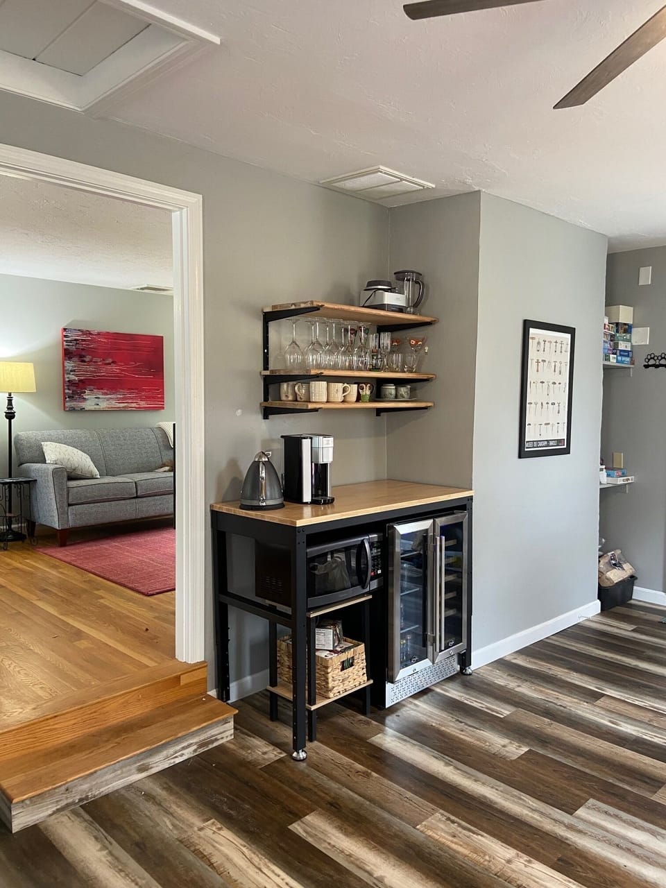 family room coffee station with  view to living room