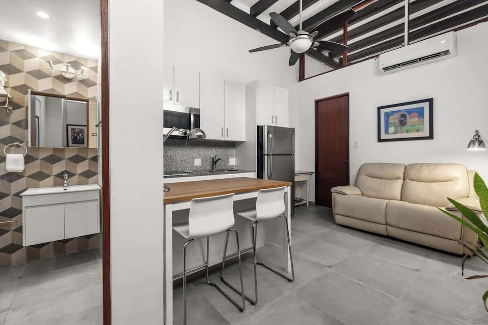 livingroom with kitchen , stainless steel fridge, air conditioner, sofabed, seats, ceiling fan, microwave,  reading lamps, cabinets