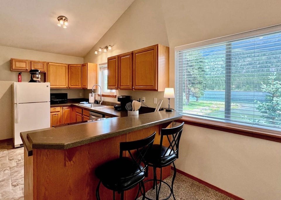 Barstools for morning coffee with views of Lake Blaine 
