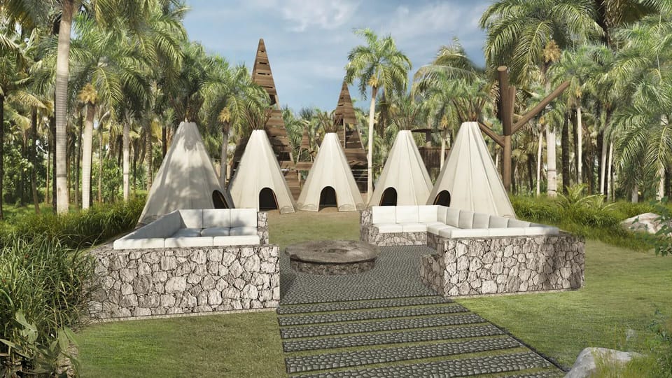 Gather outdoors among palms in cozy cabanas around the firepit.