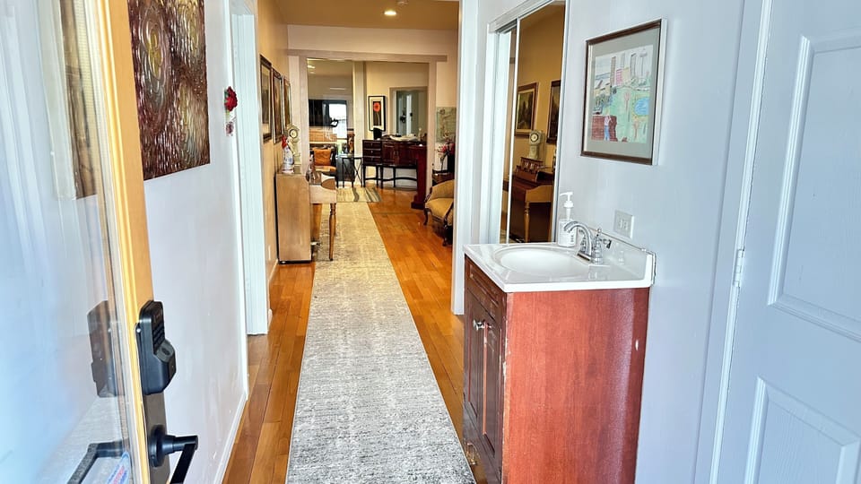 View from front door with basin to wash your hands