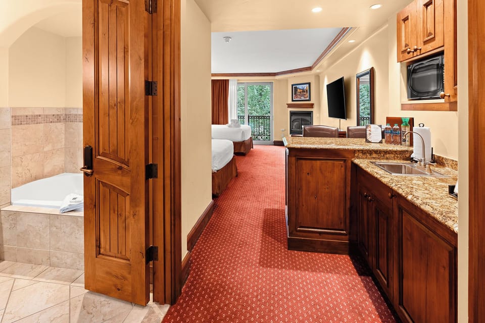 Refresh snacks and drinks on granite counters between adventures.