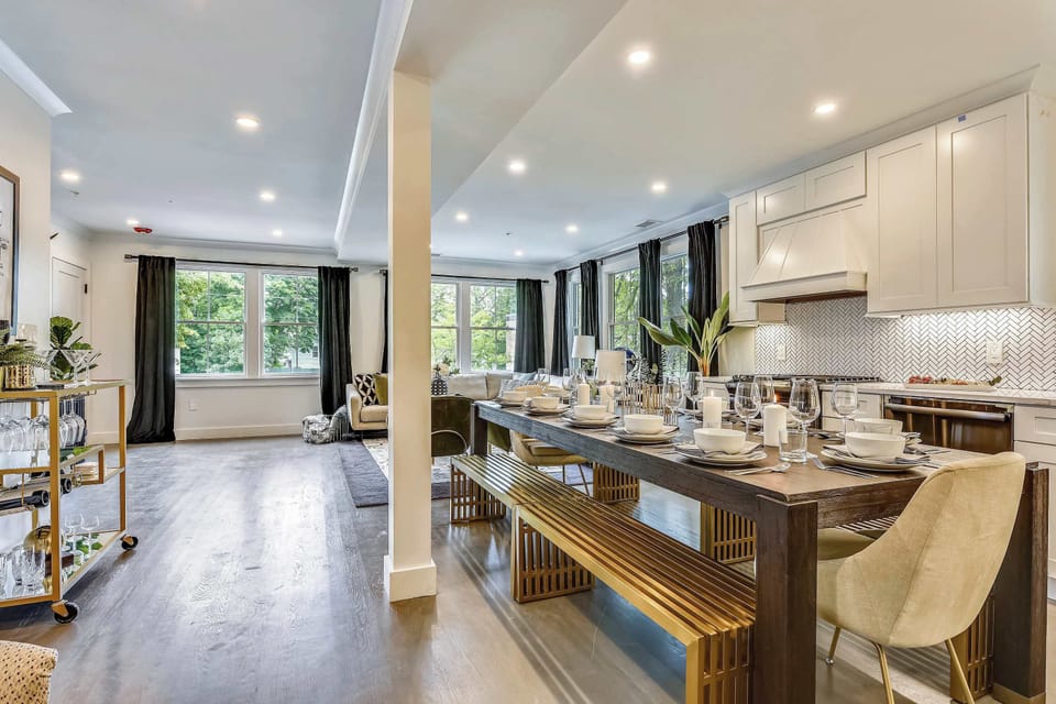 Overview of the dining area and open kitchen