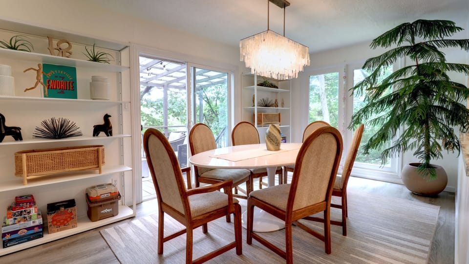 Shelving has various games and table settings