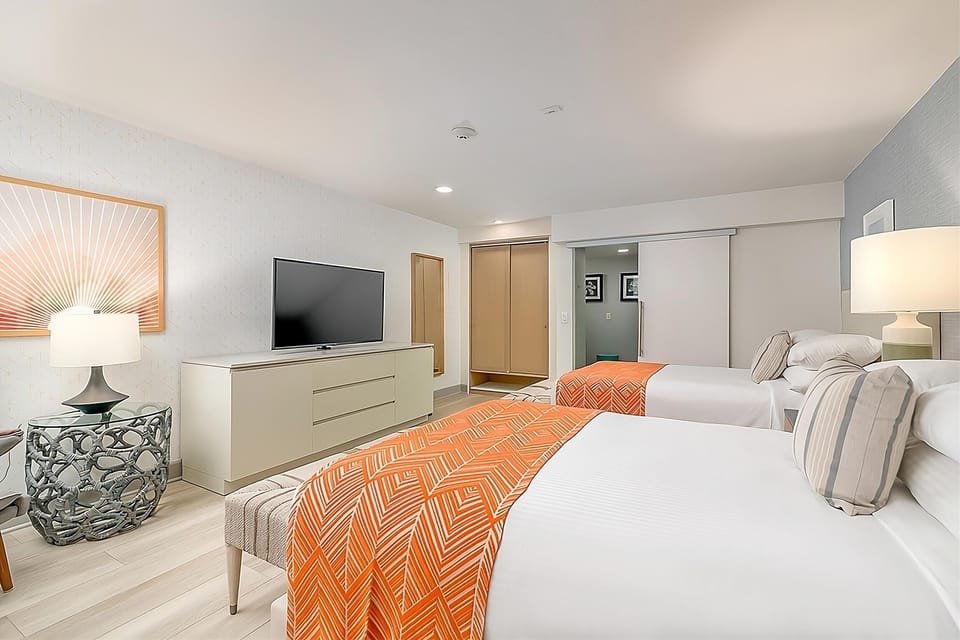 Relax after the beach with TV, storage, and soft lighting