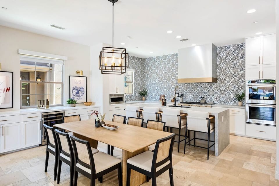 This dining area includes a long table that seats eight, so there's no need for anyone to miss out!