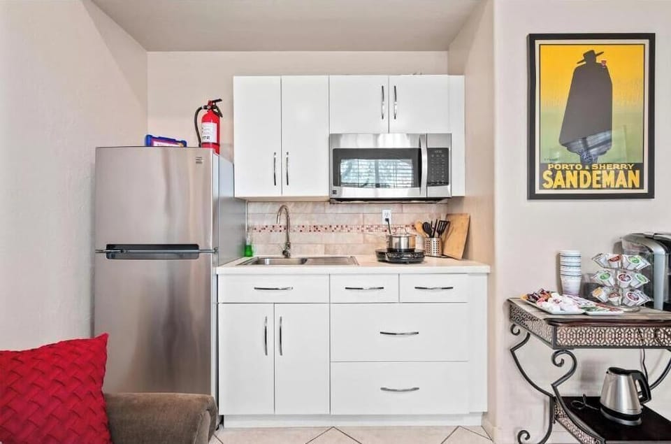 Kitchette with fridge, freezer. Microwave, Keurig, toaster, nuwave oven/plate.