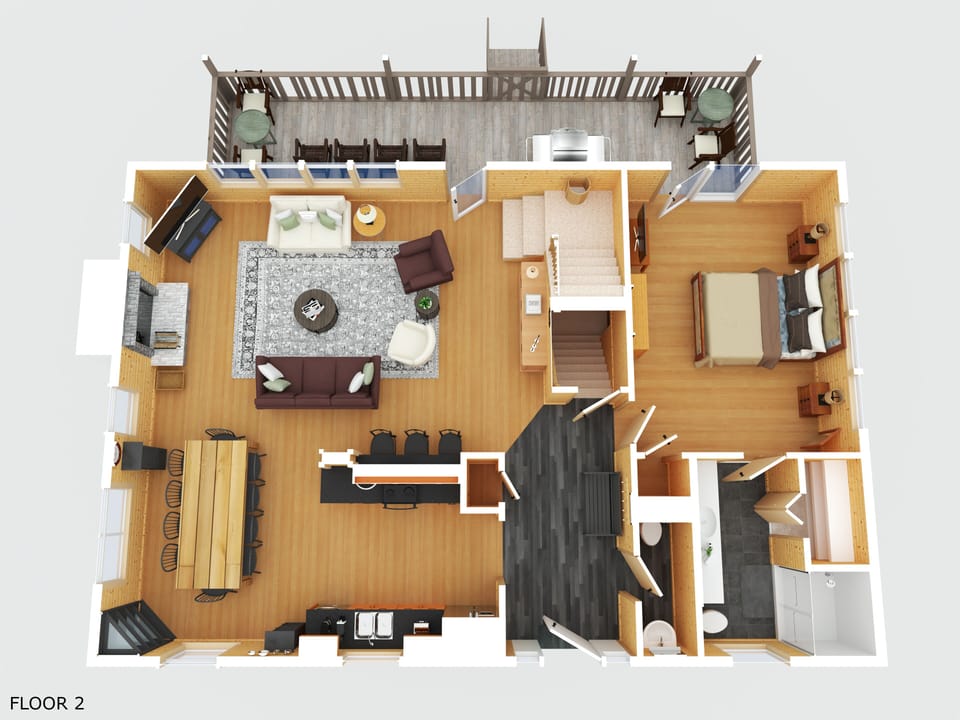 The main level features the fully equipped chef's kitchen, the master suite with ensuite bathroom, a powder room, the large dining table and sofas, lounge chairs, and fireplace!