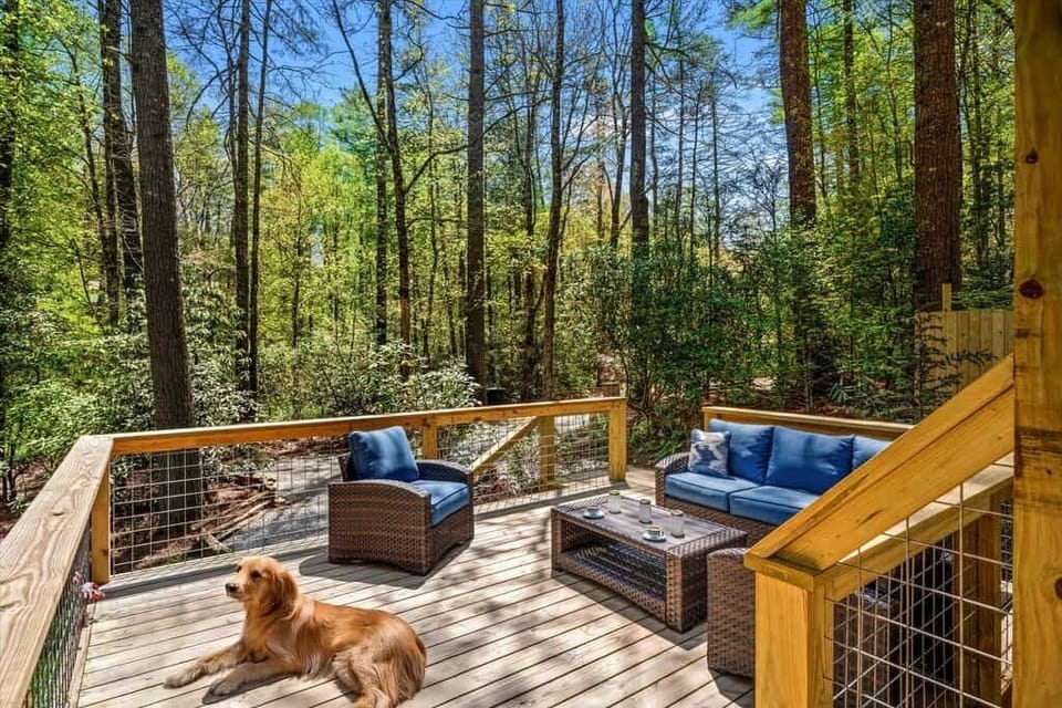 Your outdoor living room: a full deck with cushioned sofa, surrounded by 3 acres of private mountain property and the sounds of the lake just steps away.