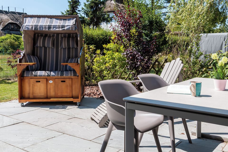 Modern Terrace with Garden Furniture and Beach Chair
