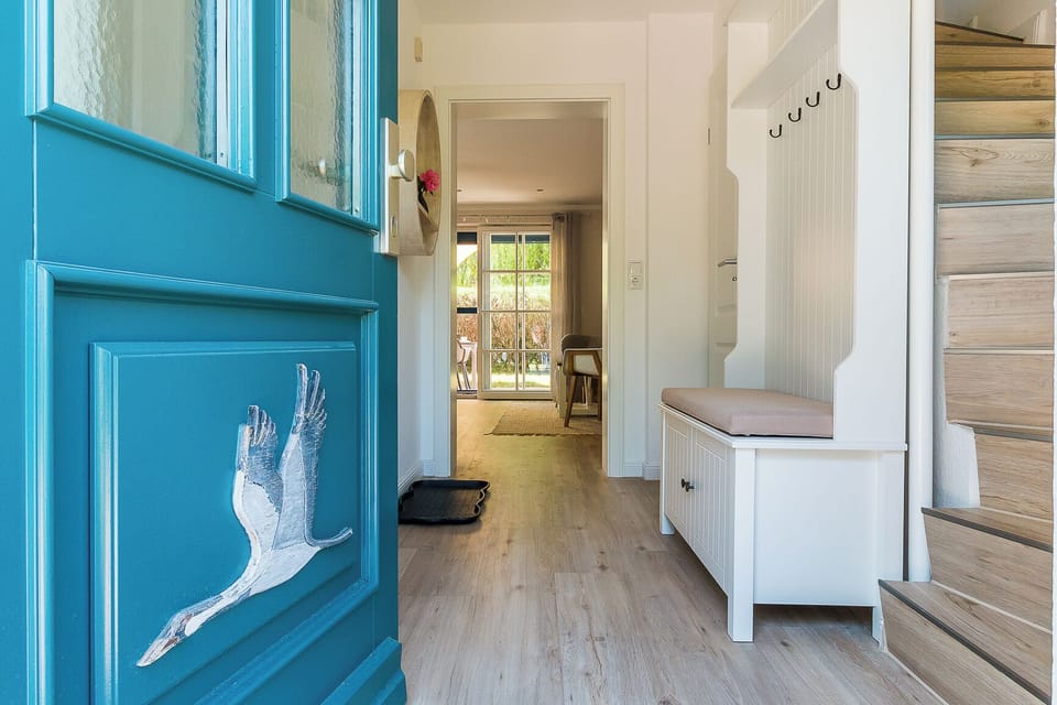 Entrance area with blue door and shoe rack