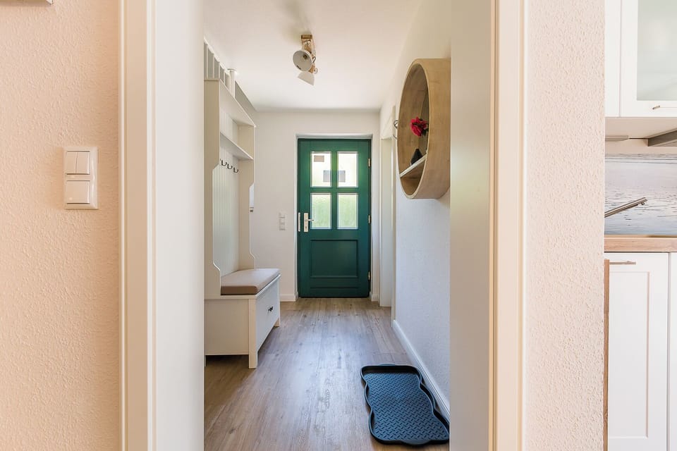 Entrance Area with Shoe Rack and Green Door