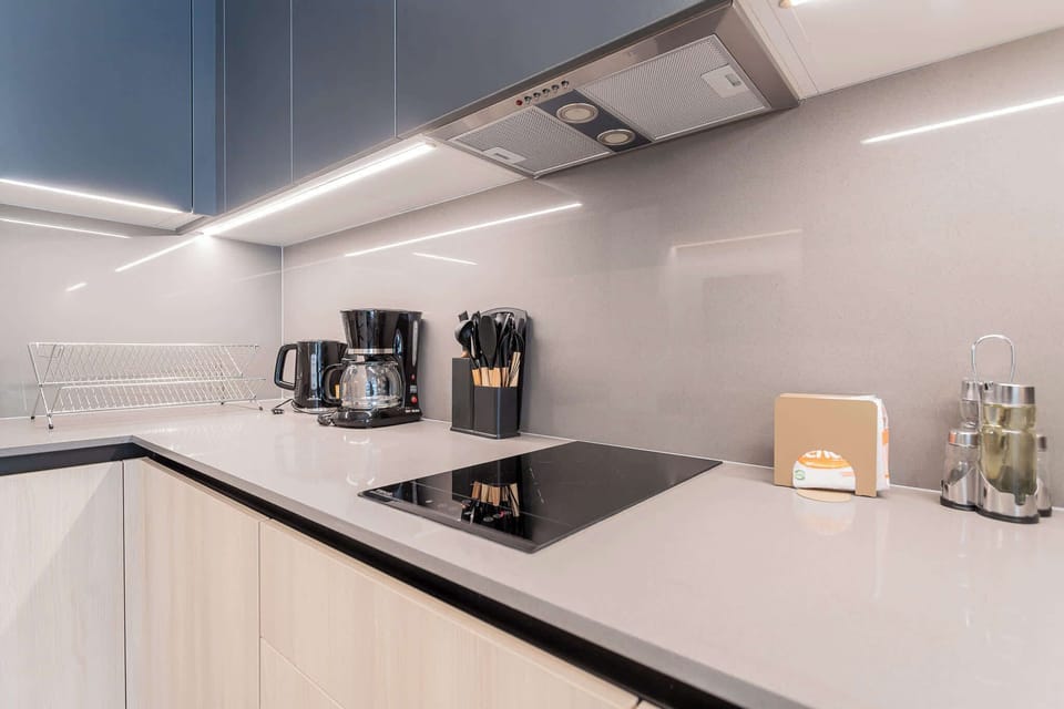 Experience culinary delights in this sleek, modern kitchen equipped with top-notch appliances and stylish finishes.