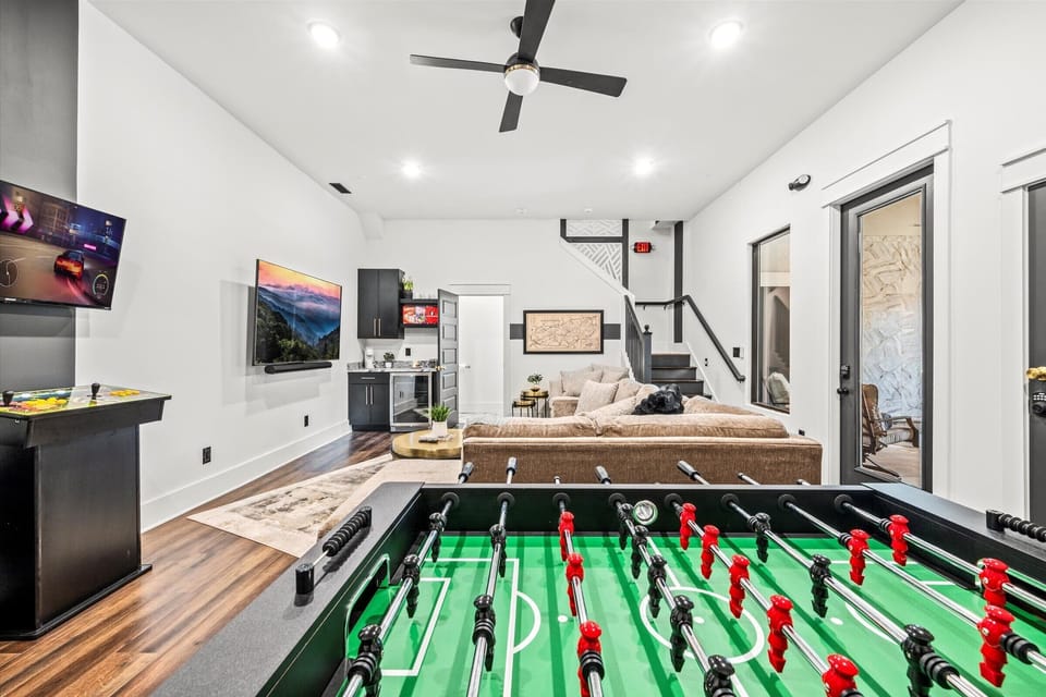 Endless fun with foosball and arcades.