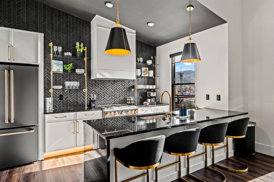 A spacious kitchen with gorgeous mountain view.