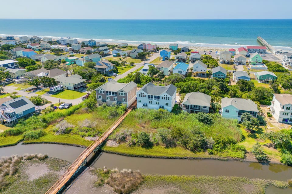 Aerial View | 3-Story Townhome | 210' Dock w/ Marsh View | Walk to Beach