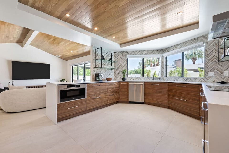 Kitchen with view into TV room