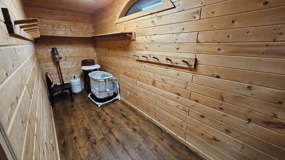 Mud room for storage and some baby essentials. 