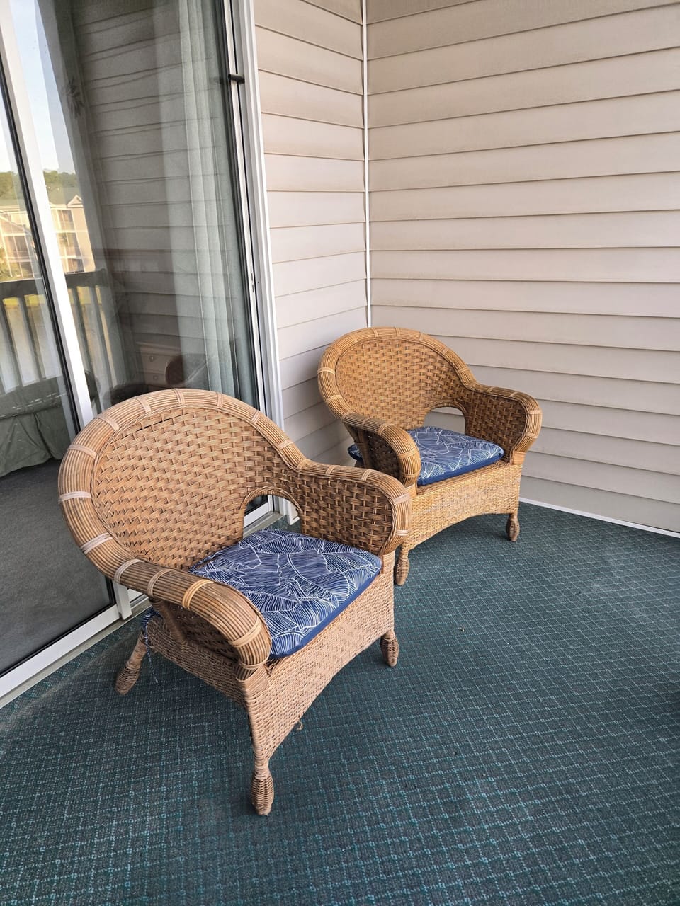 Balcony overlooking pond and fountain
