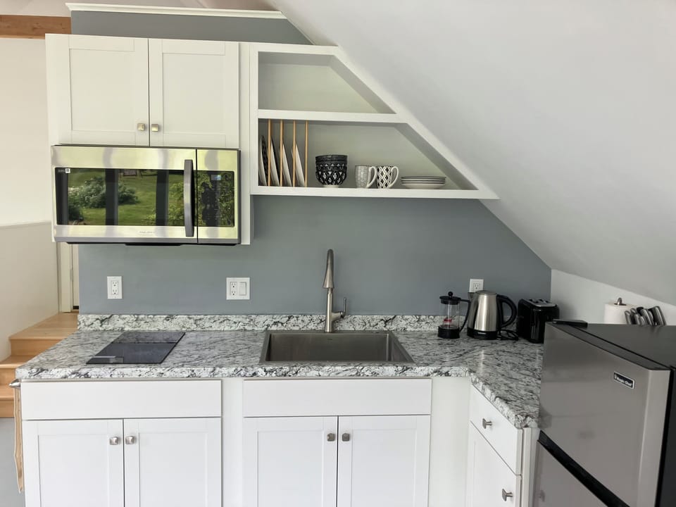 Kitchenette with 2-burner electric stove, microwave/oven, fridge with freezer