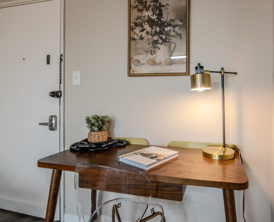 Spacious desk area, perfect for business or creative work.