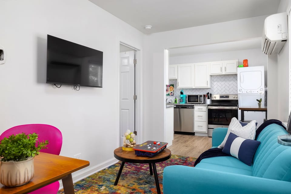 Convenient office, living, kitchen, and laundry space.