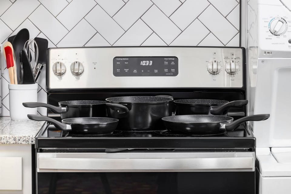 Plenty of pans, eatery, and cooking utensils for your stay.
