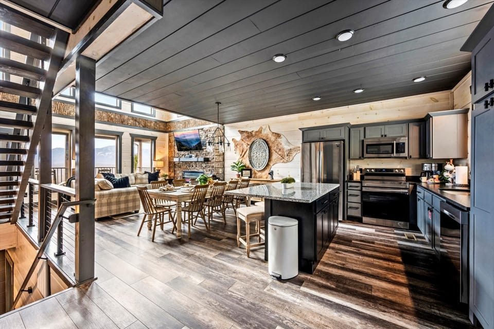 Modern kitchen with expansive mountain views