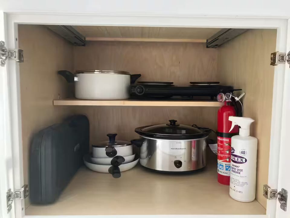 Grill utensils, pots, pans, slow cooker, electric two burner, fire extinguisher