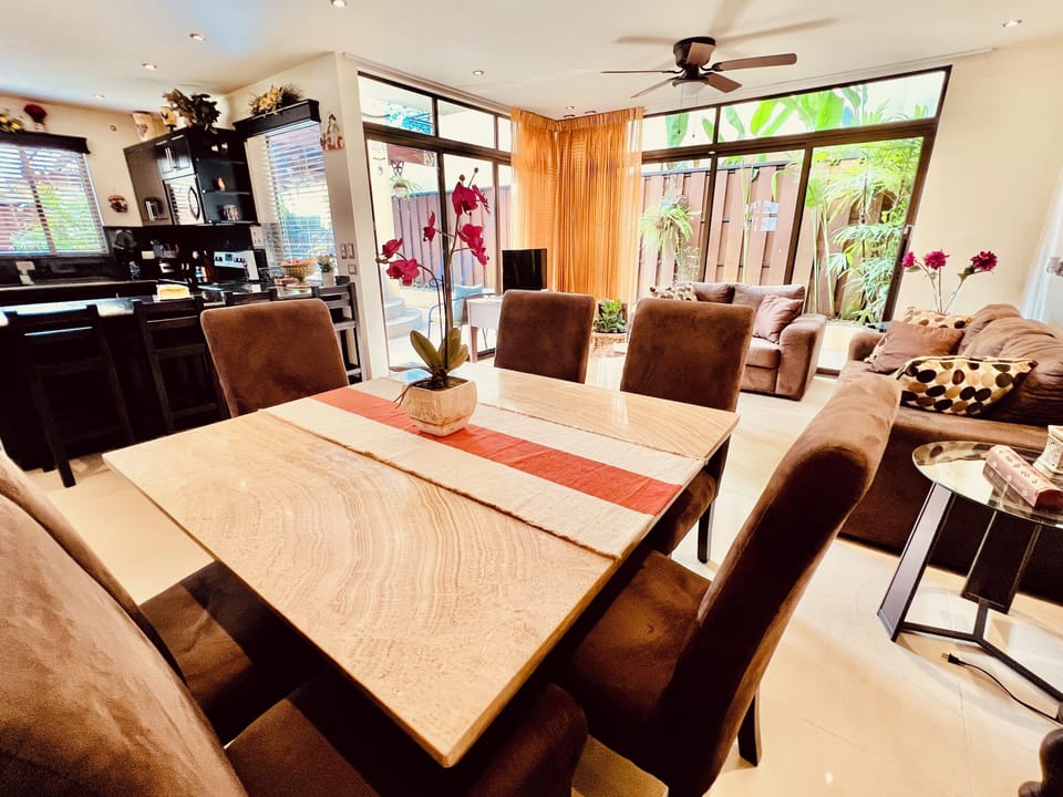 Marble dining table with seating for 6.