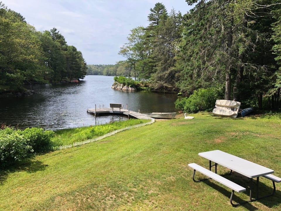 View from deck of pond and dock